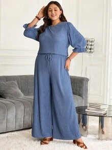 Rosumi Women's Plus Size Pullover Short Sleeve Top And Long Pants Set, Autumn Outfit For Women  Back To School Clothes  Blue Set Fall - Blue - View 4