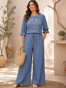 Rosumi Women's Plus Size Pullover Short Sleeve Top And Long Pants Set, Autumn Outfit For Women  Back To School Clothes  Blue Set Fall - Blue - View 7