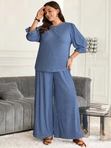 Rosumi Women's Plus Size Pullover Short Sleeve Top And Long Pants Set, Autumn Outfit For Women  Back To School Clothes  Blue Set Fall - Blue - View 5