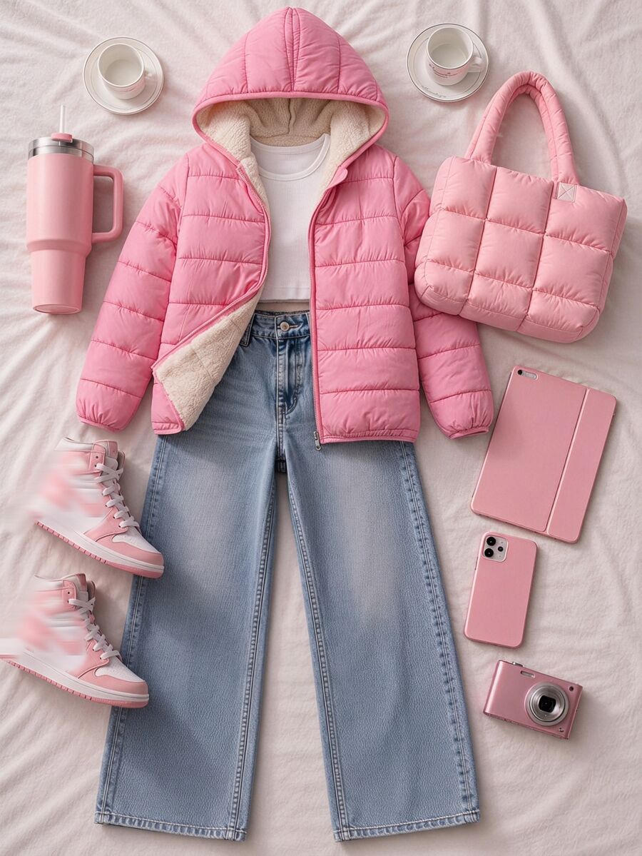 SHEIN Sparklyn 青少年女孩開學季冬季外套 女孩外套 青少年女孩服飾 蓬蓬夾克 校園 粉色 西部風 - 玫紅色 - 查看 1