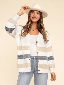 Coeurva Striped Pattern Drop Shoulder Fuzzy Cardigan,Earthy Clothes,Airport Outfit,Ladies Spring/Fall Casual Button Drop Shoulder V Neck Regular Fit White Striped Women Cardigans,Casual Daily Wear,Long Sleeve Tops - White - View 2