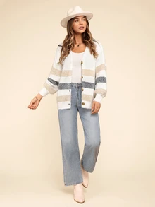 Coeurva Striped Pattern Drop Shoulder Fuzzy Cardigan,Earthy Clothes,Airport Outfit,Ladies Spring/Fall Casual Button Drop Shoulder V Neck Regular Fit White Striped Women Cardigans,Casual Daily Wear,Long Sleeve Tops - White - View 7
