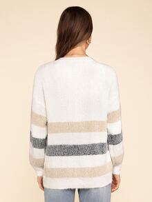 Coeurva Striped Pattern Drop Shoulder Fuzzy Cardigan,Earthy Clothes,Airport Outfit,Ladies Spring/Fall Casual Button Drop Shoulder V Neck Regular Fit White Striped Women Cardigans,Casual Daily Wear,Long Sleeve Tops - White - View 3