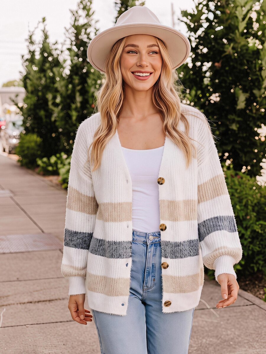 Coeurva Striped Pattern Drop Shoulder Fuzzy Cardigan,Earthy Clothes,Airport Outfit,Ladies Spring/Fall Casual Button Drop Shoulder V Neck Regular Fit White Striped Women Cardigans,Casual Daily Wear,Long Sleeve Tops - White - View 1