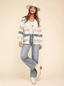 Coeurva Striped Pattern Drop Shoulder Fuzzy Cardigan,Earthy Clothes,Airport Outfit,Ladies Spring/Fall Casual Button Drop Shoulder V Neck Regular Fit White Striped Women Cardigans,Casual Daily Wear,Long Sleeve Tops - White - View 9