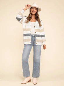 Coeurva Striped Pattern Drop Shoulder Fuzzy Cardigan,Earthy Clothes,Airport Outfit,Ladies Spring/Fall Casual Button Drop Shoulder V Neck Regular Fit White Striped Women Cardigans,Casual Daily Wear,Long Sleeve Tops - White - View 8