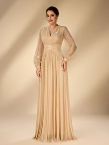 Serin Elegant Classy Champagne Gold Sequin Beaded Chiffon Sheer V Neck Puff Sleeve Ruched A Line Train Winter Ball Prom Wedding Evening Dinner Guest Dress - Champagne - View 5