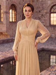Serin Elegant Classy Champagne Gold Sequin Beaded Chiffon Sheer V Neck Puff Sleeve Ruched A Line Train Winter Ball Prom Wedding Evening Dinner Guest Dress - Champagne - View 4