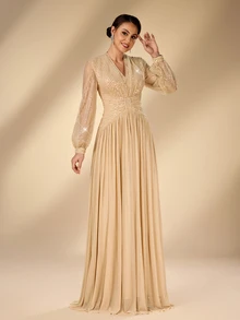 Serin Elegant Classy Champagne Gold Sequin Beaded Chiffon Sheer V Neck Puff Sleeve Ruched A Line Train Winter Ball Prom Wedding Evening Dinner Guest Dress - Champagne - View 6
