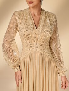 Serin Elegant Classy Champagne Gold Sequin Beaded Chiffon Sheer V Neck Puff Sleeve Ruched A Line Train Winter Ball Prom Wedding Evening Dinner Guest Dress - Champagne - View 7