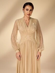 Serin Elegant Classy Champagne Gold Sequin Beaded Chiffon Sheer V Neck Puff Sleeve Ruched A Line Train Winter Ball Prom Wedding Evening Dinner Guest Dress - Champagne - View 9