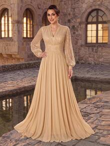 Serin Elegant Classy Champagne Gold Sequin Beaded Chiffon Sheer V Neck Puff Sleeve Ruched A Line Train Winter Ball Prom Wedding Evening Dinner Guest Dress - Champagne - View 2