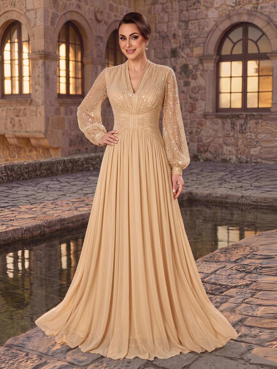 Serin Elegant Classy Champagne Gold Sequin Beaded Chiffon Sheer V Neck Puff Sleeve Ruched A Line Train Winter Ball Prom Wedding Evening Dinner Guest Dress