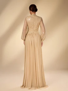 Serin Elegant Classy Champagne Gold Sequin Beaded Chiffon Sheer V Neck Puff Sleeve Ruched A Line Train Winter Ball Prom Wedding Evening Dinner Guest Dress - Champagne - View 8