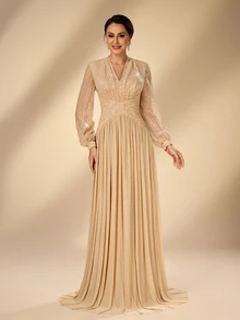 Serin Elegant Classy Champagne Gold Sequin Beaded Chiffon Sheer V Neck Puff Sleeve Ruched A Line Train Winter Ball Prom Wedding Evening Dinner Guest Dress - Champagne - View 10
