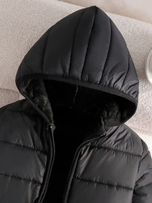 SHEIN 青少年女孩開學季冬季外套 女孩大衣 青少年女孩服飾 黑色西式學院風羽絨夾克 - 黑色 - 查看 4