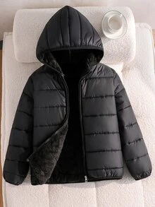 SHEIN 青少年女孩開學季冬季外套 女孩大衣 青少年女孩服飾 黑色西式學院風羽絨夾克 - 黑色 - 查看 1