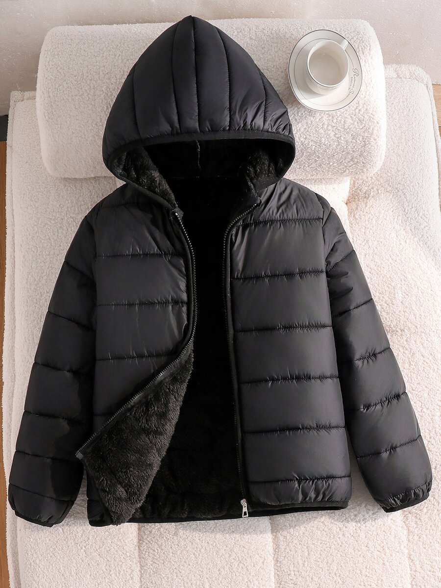SHEIN 青少年女孩開學季冬季外套 女孩大衣 青少年女孩服飾 黑色西式學院風羽絨夾克 - 黑色 - 查看 1