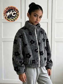 SHEIN 青少年女孩秋冬休閒黑白花卉條紋抓絨拉鍊立領長袖寬鬆短版夾克外套，日常戶外街頭風外套 - 彩色 - 查看 6