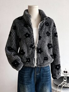 SHEIN 青少年女孩秋冬休閒黑白花卉條紋抓絨拉鍊立領長袖寬鬆短版夾克外套，日常戶外街頭風外套 - 彩色 - 查看 4