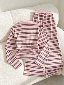 SHEIN Explorewe 青少年女孩粉色 T 恤長褲兩件套休閒街頭風極簡針織開學季復古修身秋季服飾套裝度假派對穿搭 - 彩色 - 查看 2