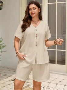 Rosumi Plus Size Women Textured Button V-Neck Slit Hem Short Sleeve Shirt And Casual Normal Capsule Shorts 2 Pieces Set Formal Beige Summer Vacation Cruise - Apricot - View 10