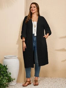 Rosumi 大尺碼女款純色收口袖休閒商務膠囊系列寬鬆外套，適合秋季節慶、海灘、辦公室工作、度假與假期，黑色 - 黑色 - 查看 6