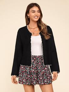 Coeurva Women's Autumn Contrast Shell-Edged Black Wool Cardigan, Suitable For Daily Street Wear - Black - View 6