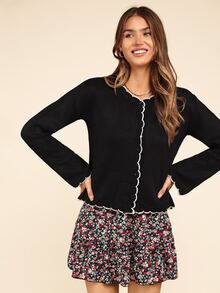 Coeurva Women's Autumn Contrast Shell-Edged Black Wool Cardigan, Suitable For Daily Street Wear - Black - View 7