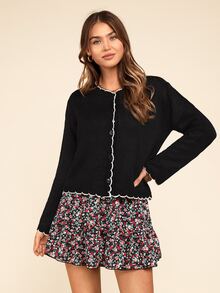 Coeurva Women's Autumn Contrast Shell-Edged Black Wool Cardigan, Suitable For Daily Street Wear - Black - View 8