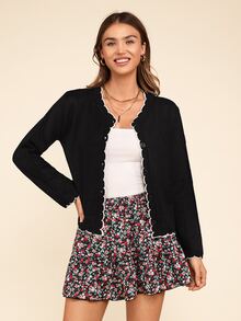 Coeurva Women's Autumn Contrast Shell-Edged Black Wool Cardigan, Suitable For Daily Street Wear - Black - View 3