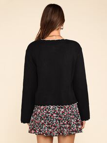 Coeurva Women's Autumn Contrast Shell-Edged Black Wool Cardigan, Suitable For Daily Street Wear - Black - View 9