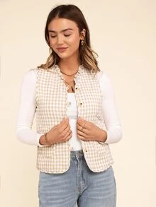 Coeurva 女式格纹单排扣荷叶边V领休闲背心夹克，冬季 - 杏色 - 查看 5