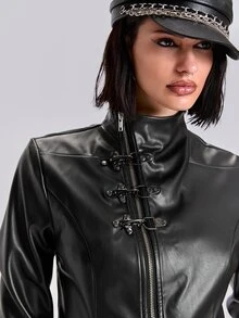 ACID BLVD Autumn/Winter Y2K Punk Street Style Indie Sleaze Asymmetric Zip Front Fitted PU Jacket - Black - View 2