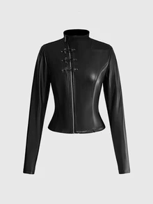 ACID BLVD Autumn/Winter Y2K Punk Street Style Indie Sleaze Asymmetric Zip Front Fitted PU Jacket - Black - View 9
