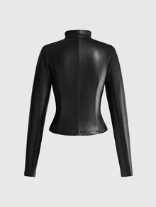 ACID BLVD Autumn/Winter Y2K Punk Street Style Indie Sleaze Asymmetric Zip Front Fitted PU Jacket - Black - View 11