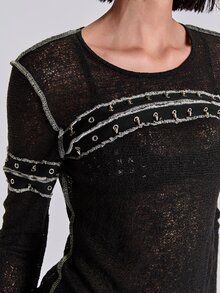 ACID BLVD Y2K Punk Hot Girl Bust Cutout Metal Stud Decor Exposed Hem Semi-Sheer Tight Top - Black - View 2