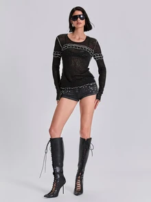 ACID BLVD Y2K Punk Hot Girl Bust Cutout Metal Stud Decor Exposed Hem Semi-Sheer Tight Top - Black - View 3