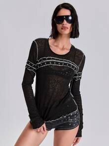 ACID BLVD Y2K Punk Hot Girl Bust Cutout Metal Stud Decor Exposed Hem Semi-Sheer Tight Top - Black - View 5