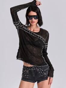 ACID BLVD Y2K Punk Hot Girl Bust Cutout Metal Stud Decor Exposed Hem Semi-Sheer Tight Top - Black - View 6