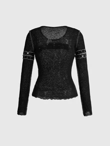 ACID BLVD Y2K Punk Hot Girl Bust Cutout Metal Stud Decor Exposed Hem Semi-Sheer Tight Top - Black - View 8