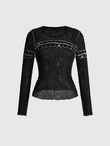ACID BLVD Y2K Punk Hot Girl Bust Cutout Metal Stud Decor Exposed Hem Semi-Sheer Tight Top - Black - View 7