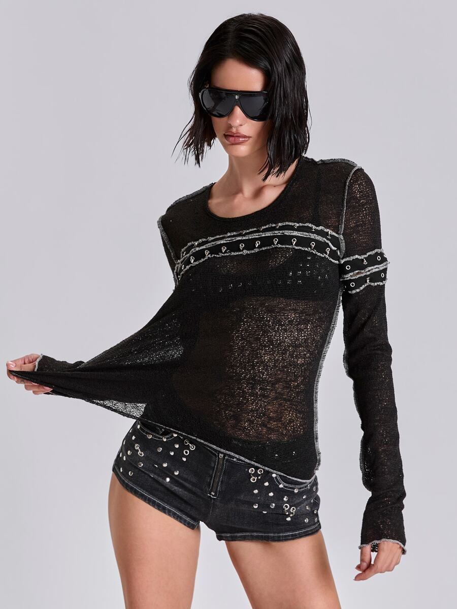 ACID BLVD Y2K Punk Hot Girl Bust Cutout Metal Stud Decor Exposed Hem Semi-Sheer Tight Top - Black - View 1