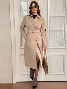 SHEIN Tall 女款純色時尚百搭日常旅行風衣外套 - 卡其色 - 查看 5