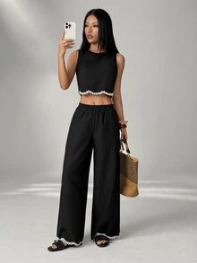 SHEIN PETITE 度假休閒優雅短版背心與長褲兩件套，黑白條紋夏季款 - 黑色 - 查看 6