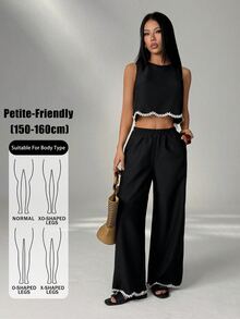 SHEIN PETITE 度假休閒優雅短版背心與長褲兩件套，黑白條紋夏季款 - 黑色 - 查看 1