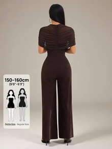 SHEIN PETITE Jumpsuit phối lưới tay ngắn thanh lịch màu trơn, xuân/hè - màu nâu - Xem 6