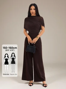 SHEIN PETITE Jumpsuit phối lưới tay ngắn thanh lịch màu trơn, xuân/hè - màu nâu - Xem 3