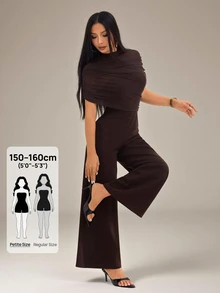 SHEIN PETITE Jumpsuit phối lưới tay ngắn thanh lịch màu trơn, xuân/hè - màu nâu - Xem 7