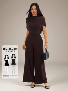SHEIN PETITE Jumpsuit phối lưới tay ngắn thanh lịch màu trơn, xuân/hè - màu nâu - Xem 2